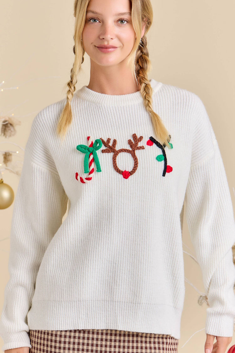 Christmas Joy Embroidered 3D Yarn Sweater Knit Top
