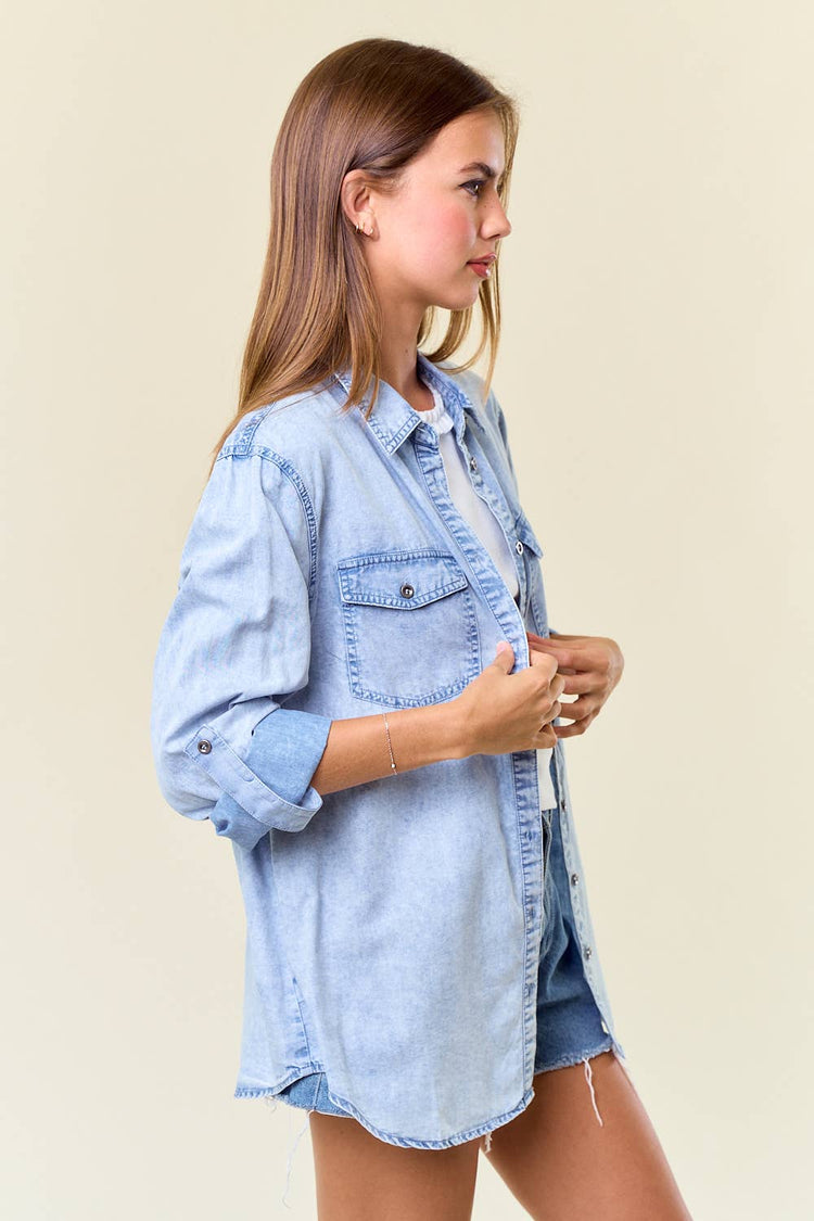 Chambray Button Down Shirt With Roll up Sleeve