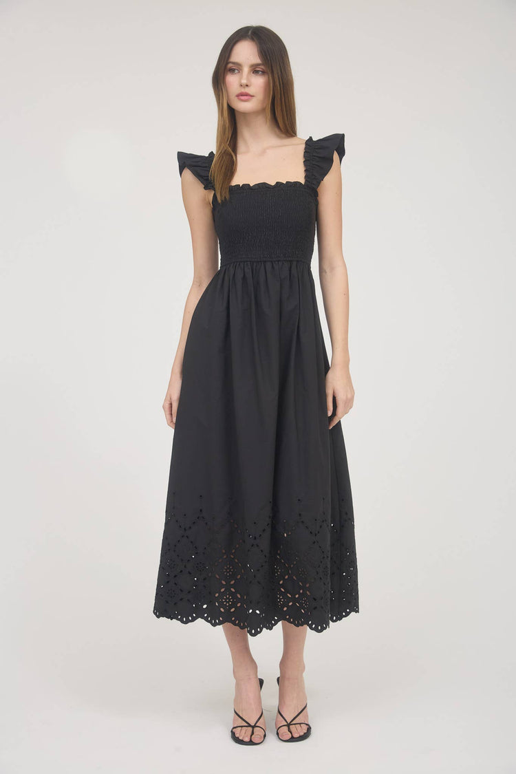 SMOCKED RUFFLE SLEEVE EYELET HEM MIDI DRESS