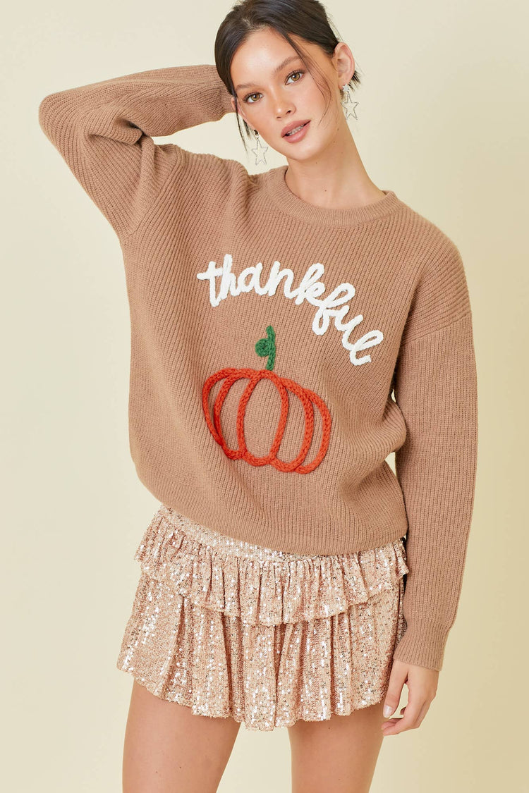 Thankful Pumpkin Embroidered Sweater