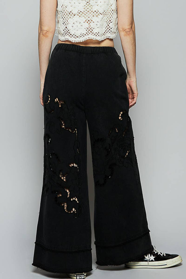 Vintage washing outseam woven twill wide pants