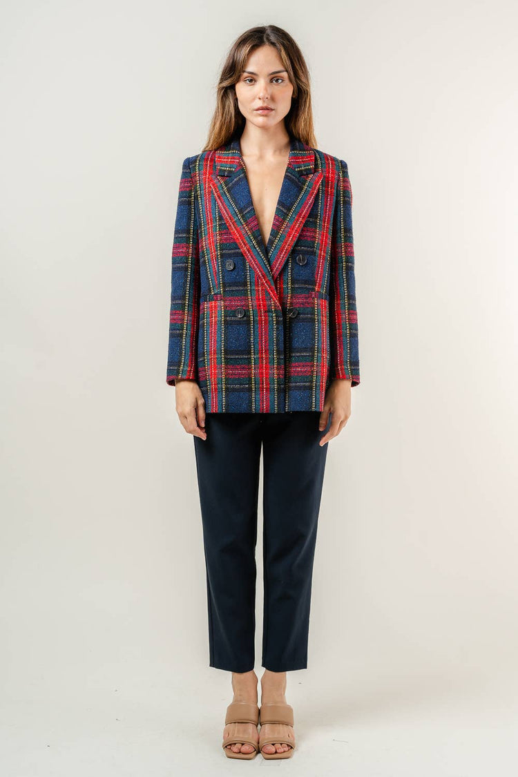 PREPPY HOLIDAY TWEED PADDED SHOULDER PLAID BLAZER