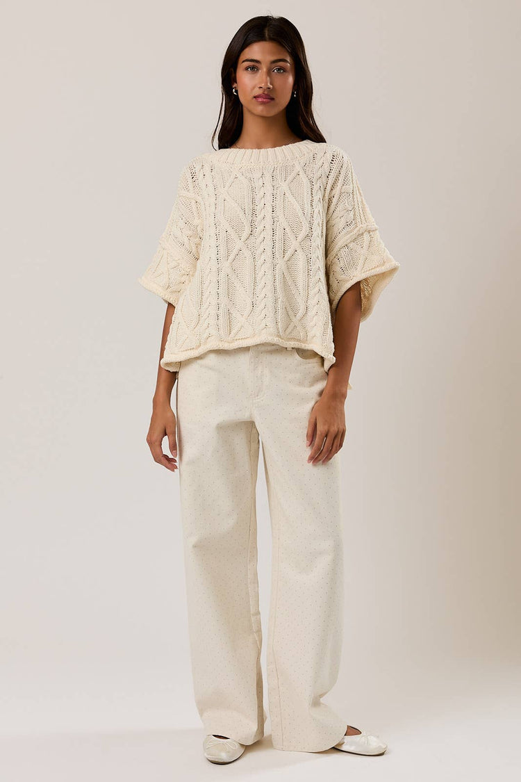 ROUND NECK SHORT SLEEVE KNIT SWEATER TOP