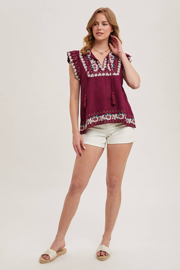 BOHO EMBROIDERED RUFFLED SLEEVE DRAWSTRING TOP