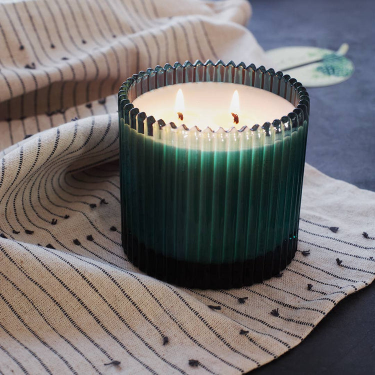Roland Pine 14 oz Two-Wick Green Ribbed Glass Candle