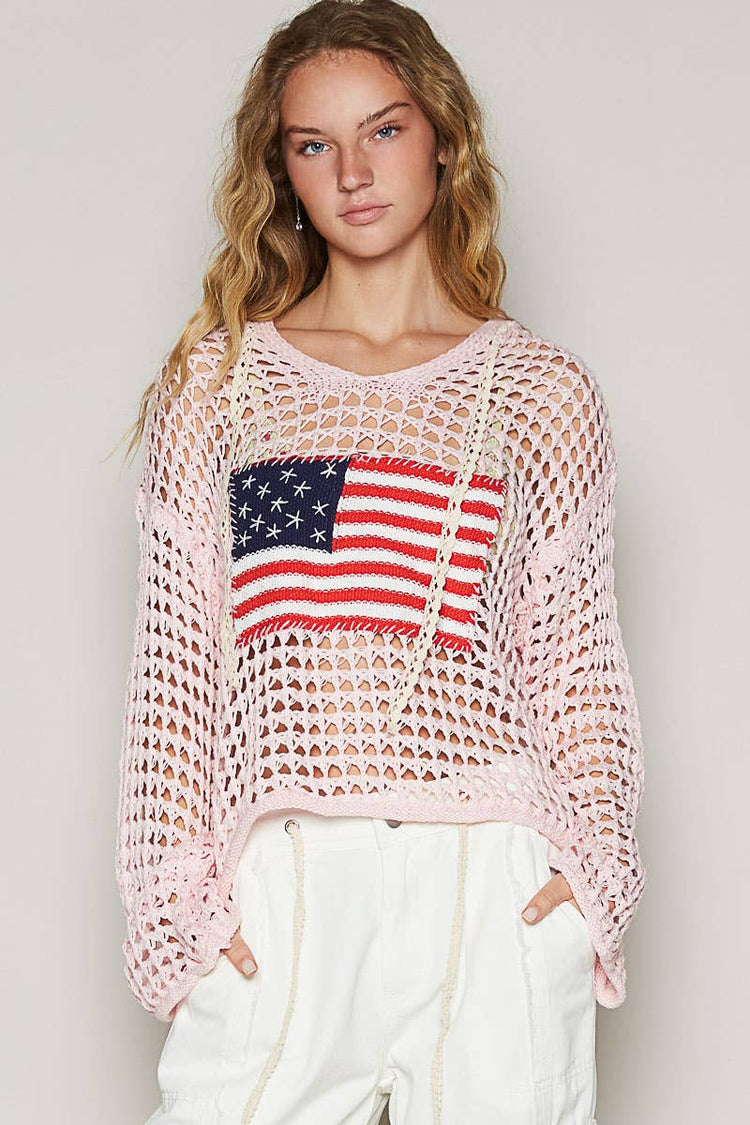 Long sleeve American flag hoodie thin sweater top