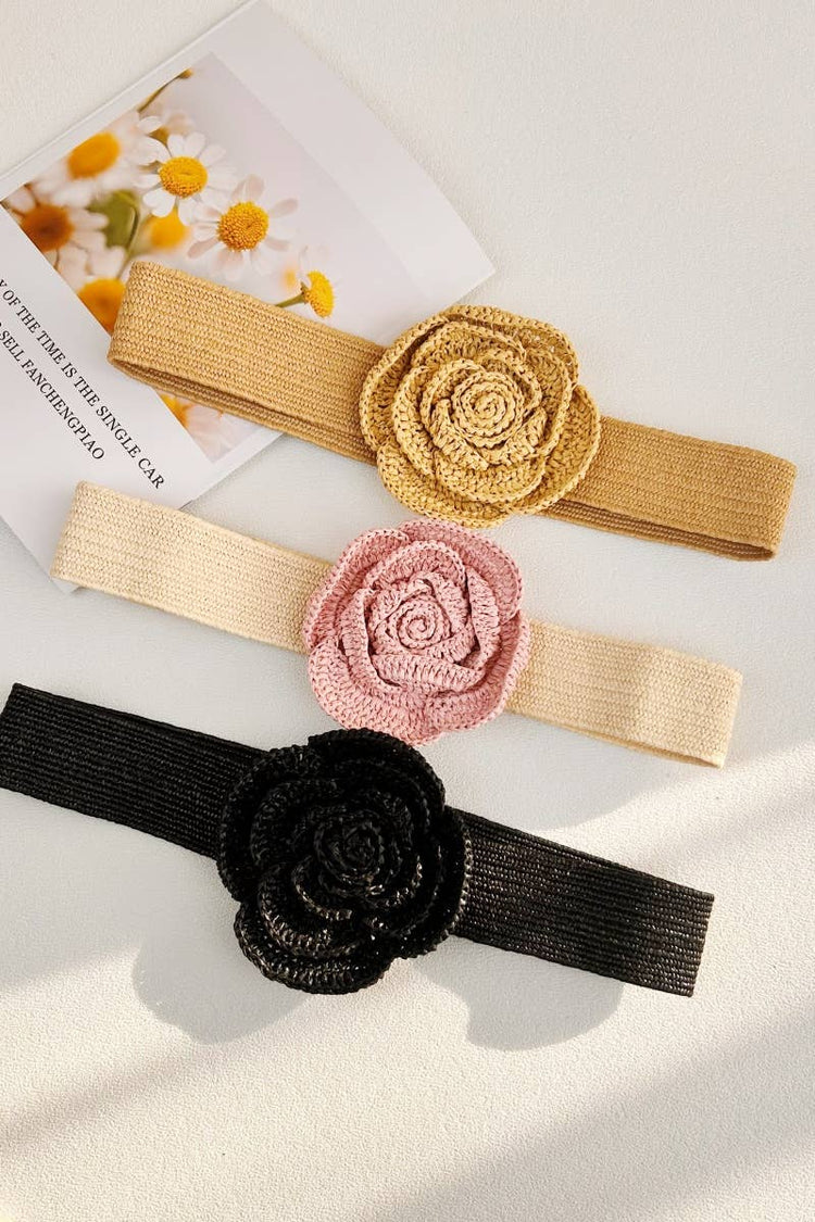 Raffia Flower Buckle Elastic Belt