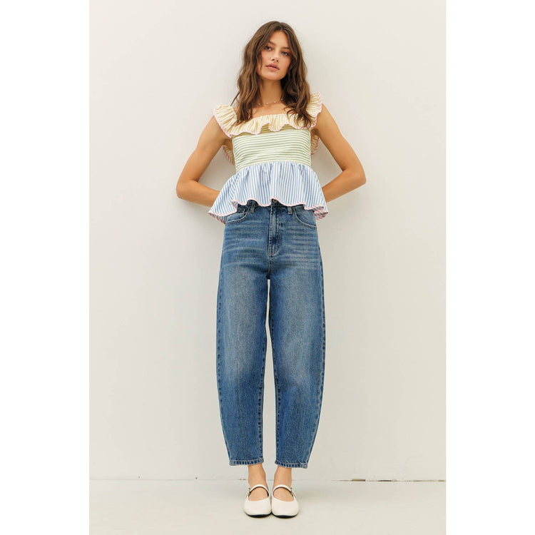 Color Block Stripe Ruffle Top