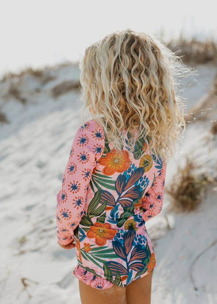 Kids Pink Tropical Zip Rash Guard One Piece Swimsuit