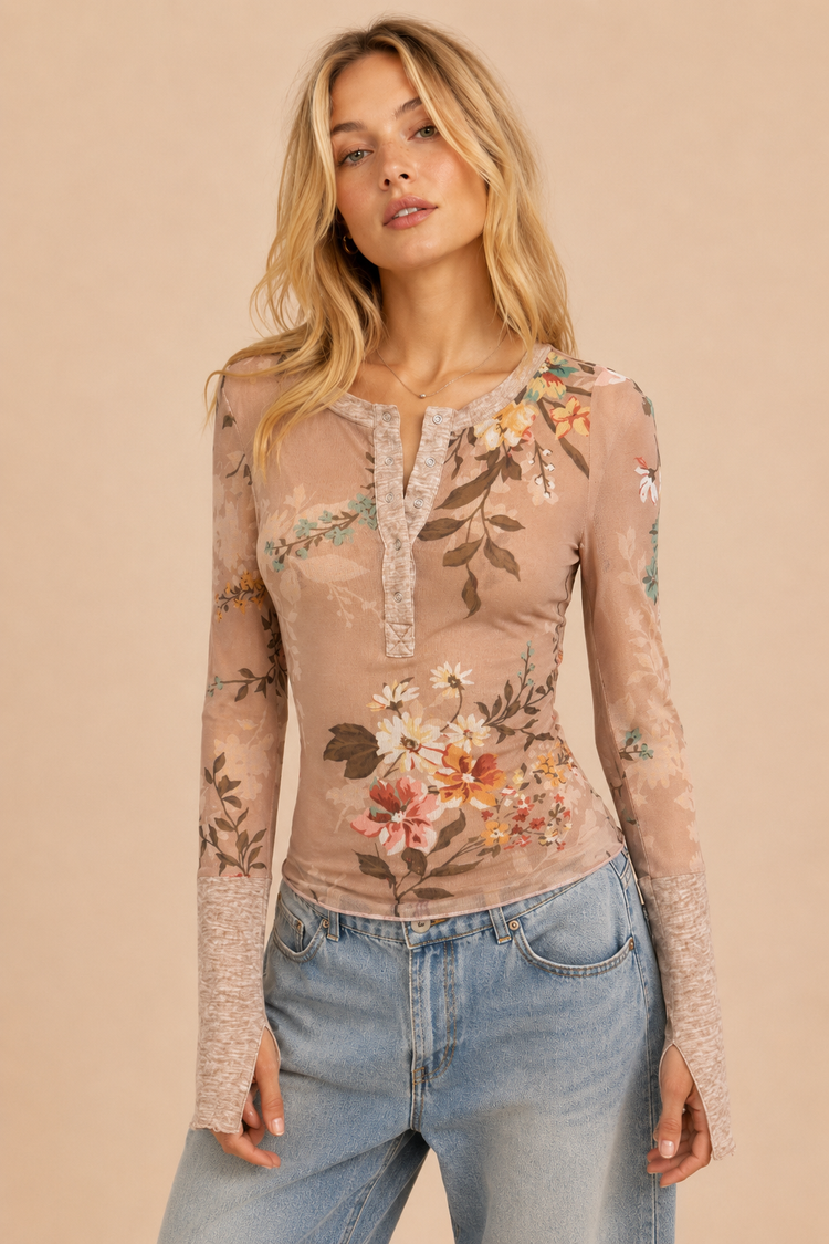 Multi Print Long Sleeve Mesh Henley Top