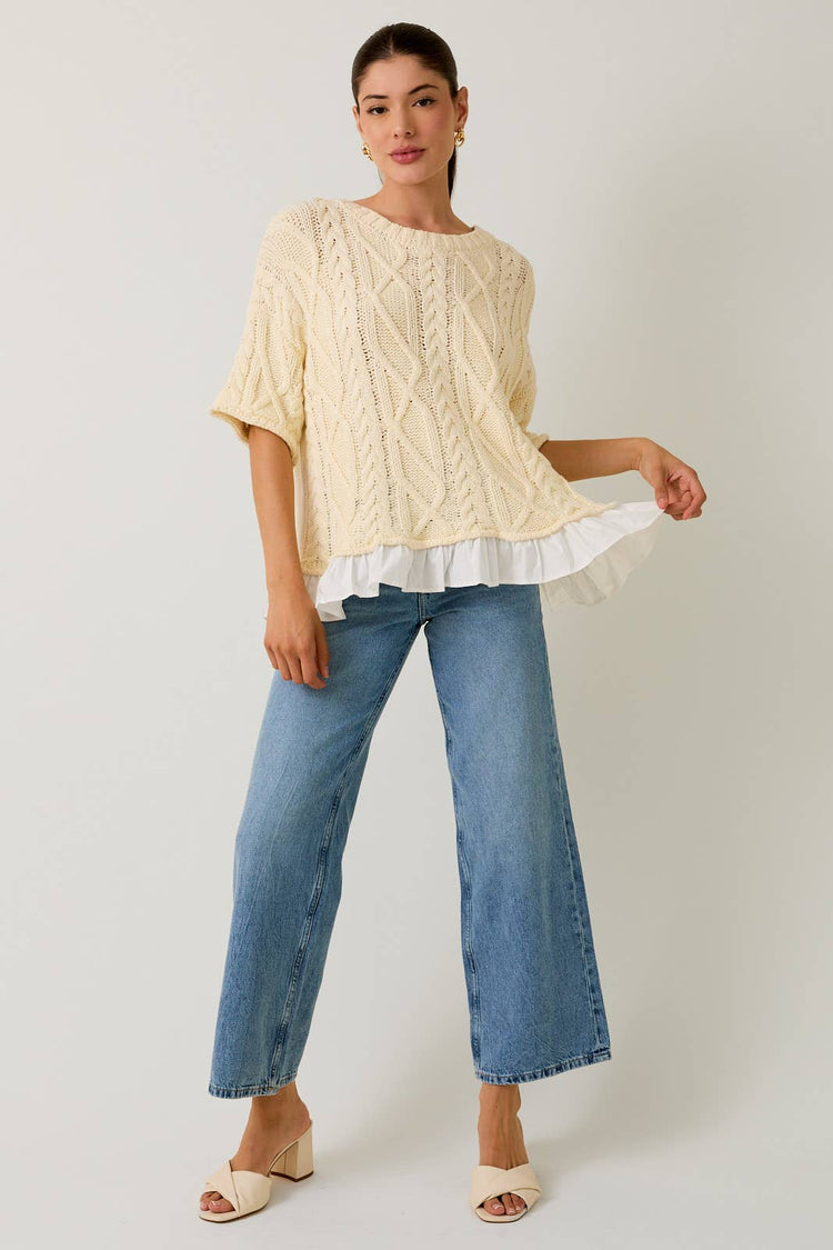 CABLE 3/4" SLEEVE KNIT WITH RUFFLE DETAIL