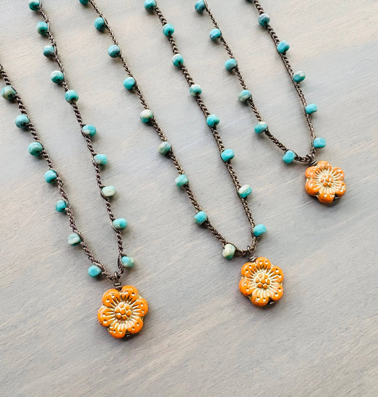 Orange Crush Wild Rose On Aqua Crocheted Crystal Necklace