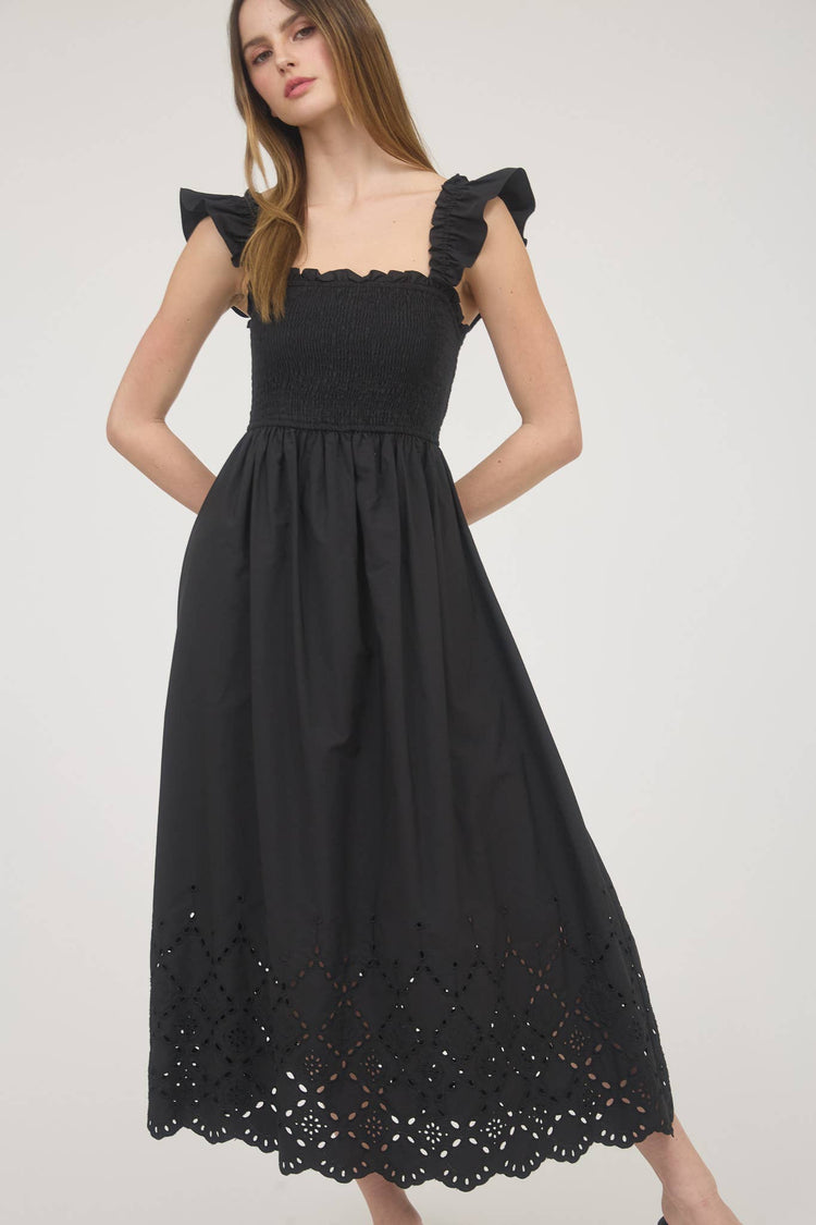 SMOCKED RUFFLE SLEEVE EYELET HEM MIDI DRESS