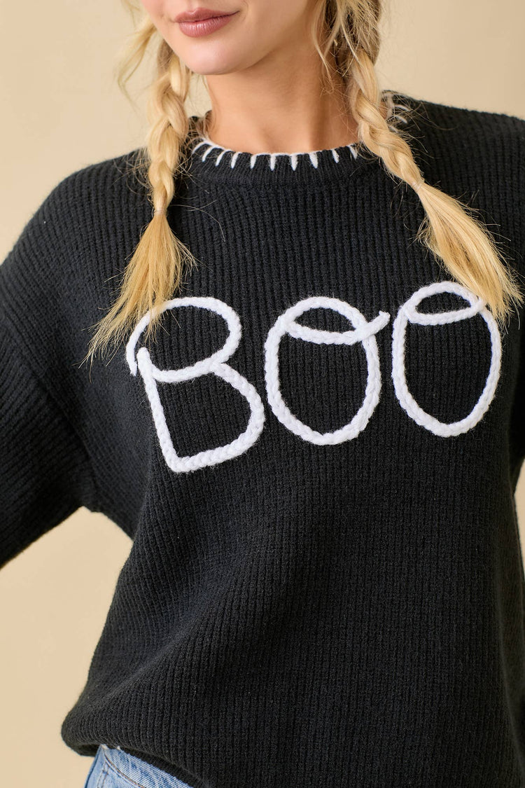 Halloween "Boo" Sweater With 3D Braided Writing