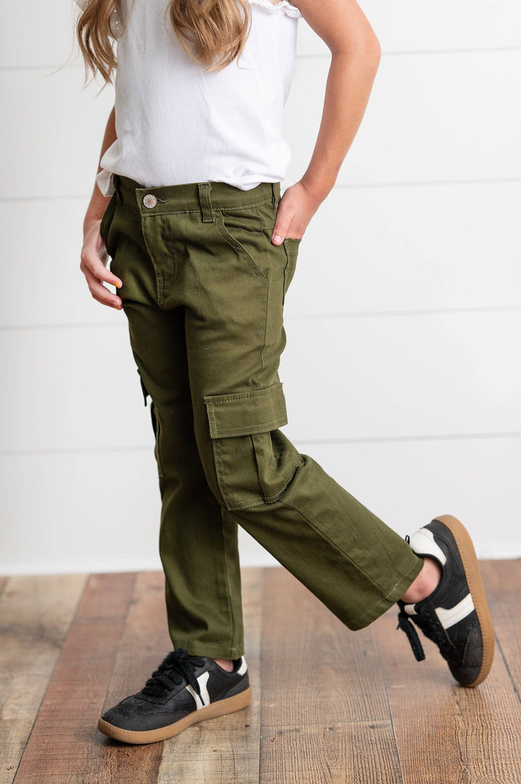 Kids Olive Green Denim Cargo Pants With Pockets