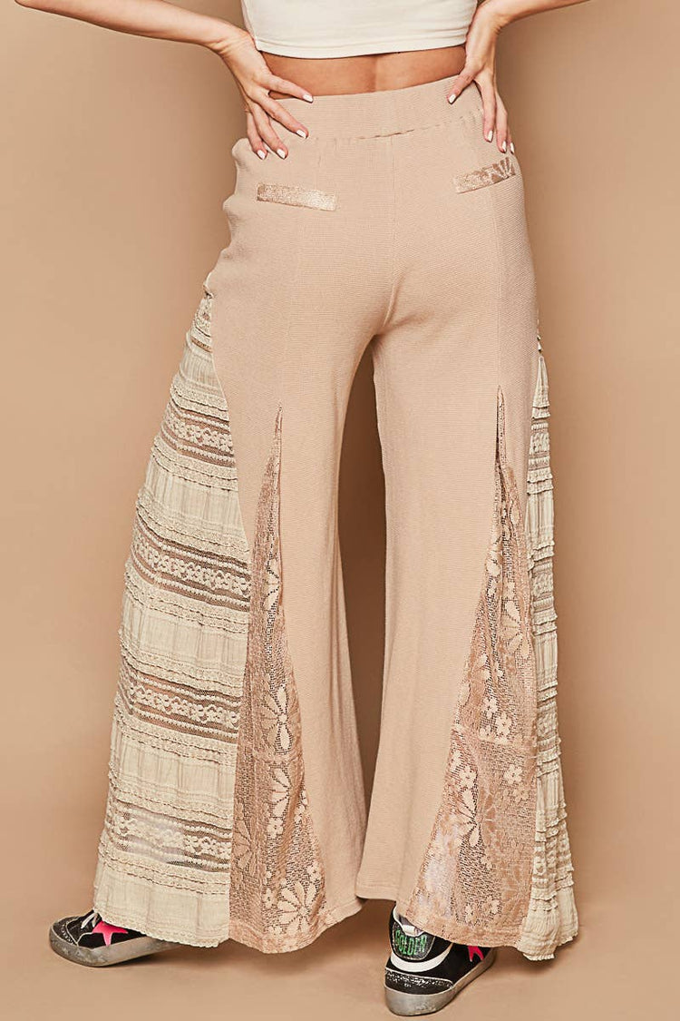 Lace Contrast Elastic Band Satin Strap Solid Wide Pants