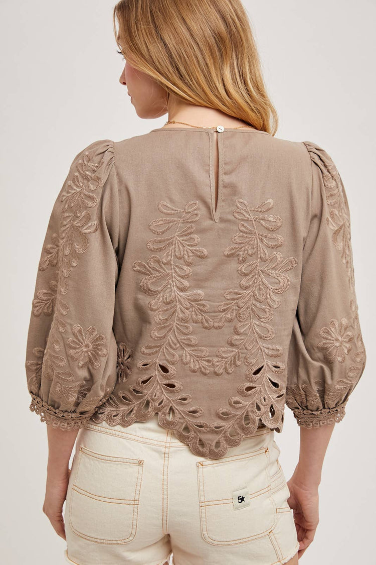 LACE CUTOUTS BOTTOM HEM BUBBLE SLEEVED TOP