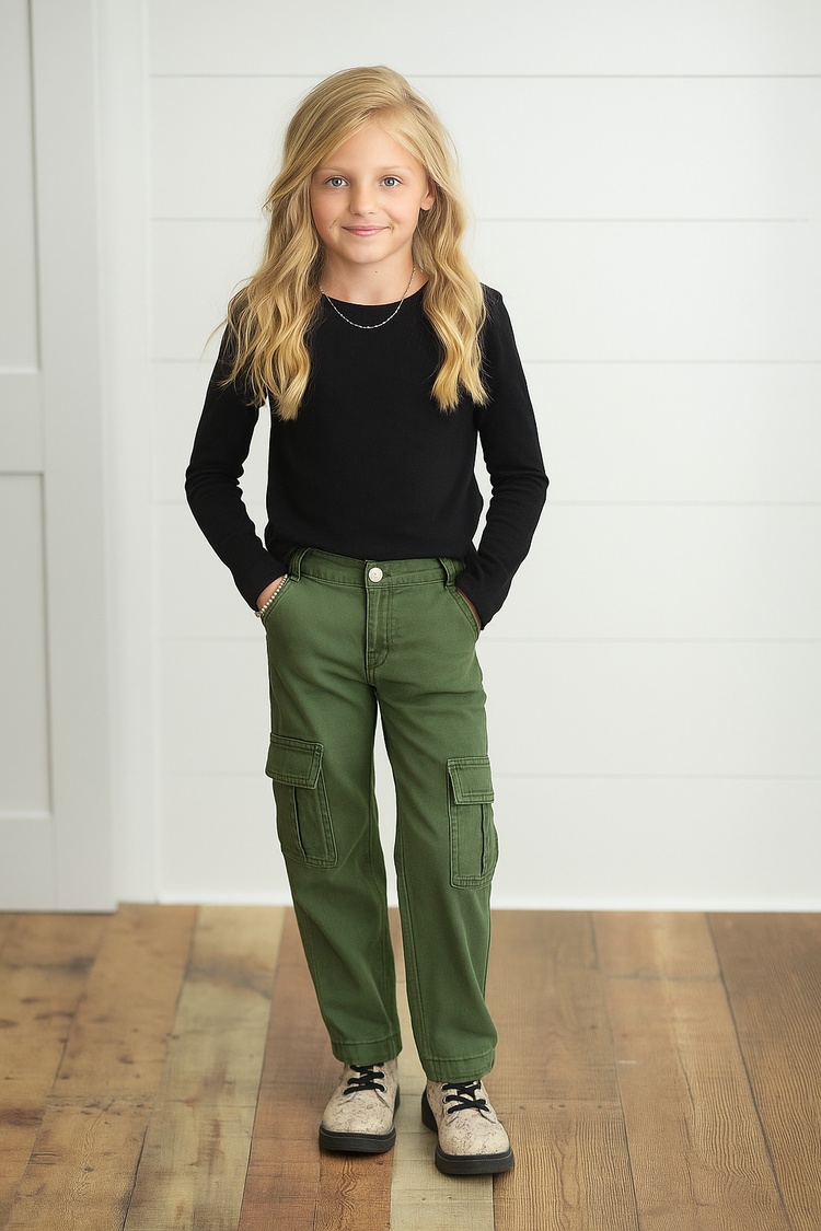 Kids Olive Green Denim Cargo Pants With Pockets