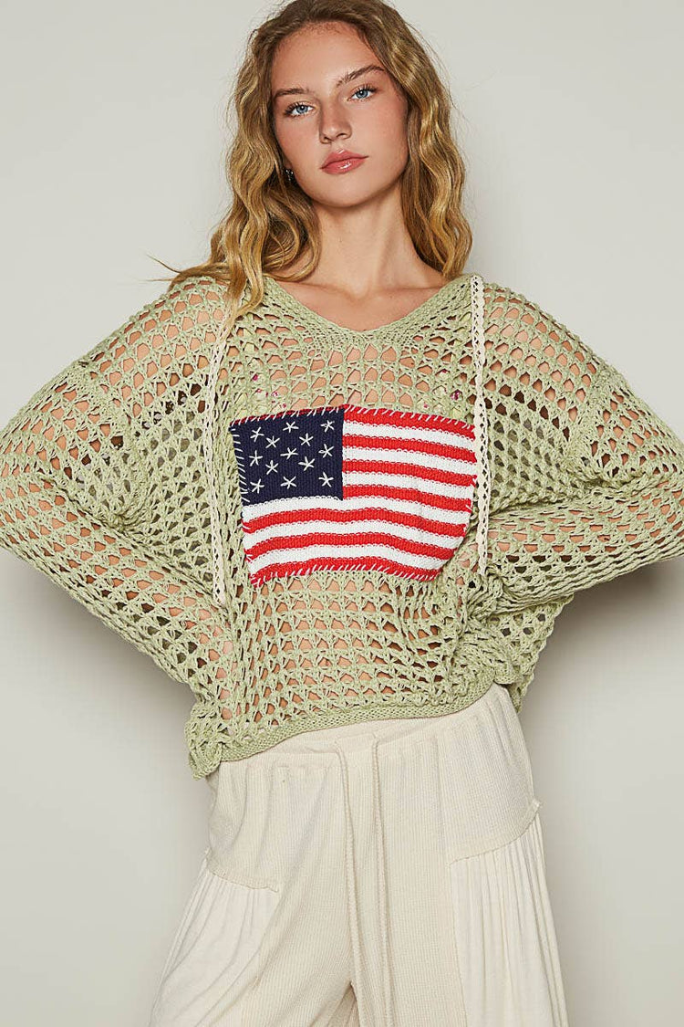 Long sleeve American flag hoodie thin sweater top