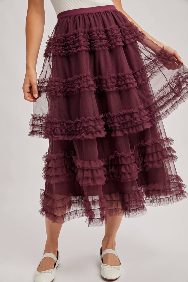 ROMANTIC RUFFLE TIERED TULLE MIDI SKIRT