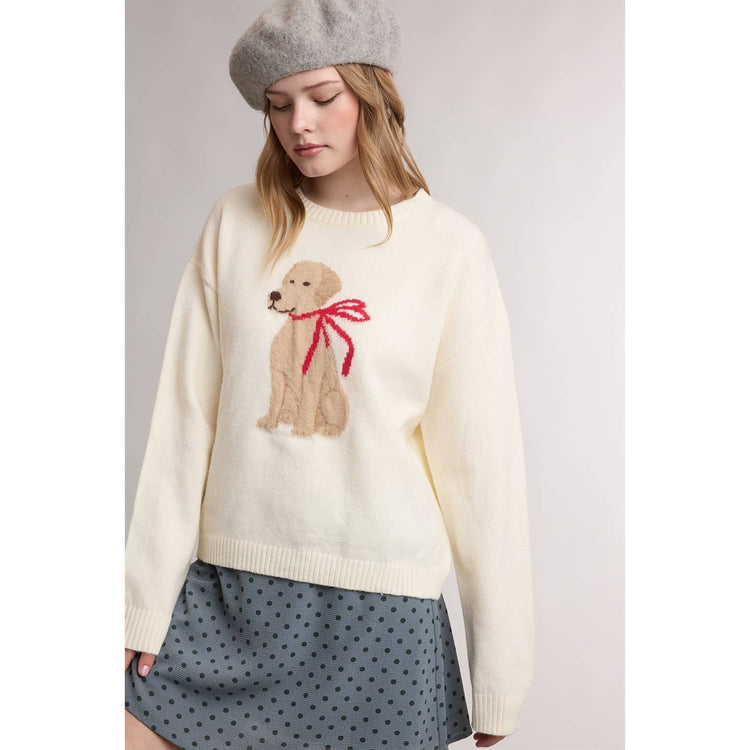 HOLIDAY BOW DOG GRAPHIC SWEATER