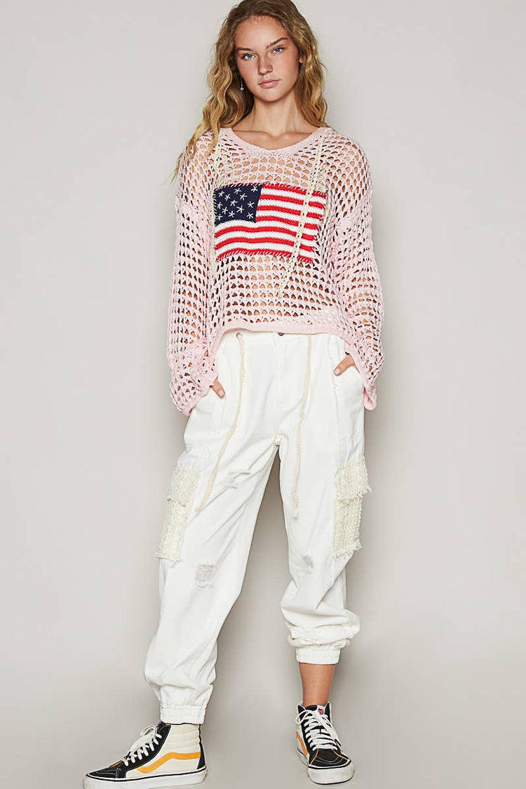 Long sleeve American flag hoodie thin sweater top