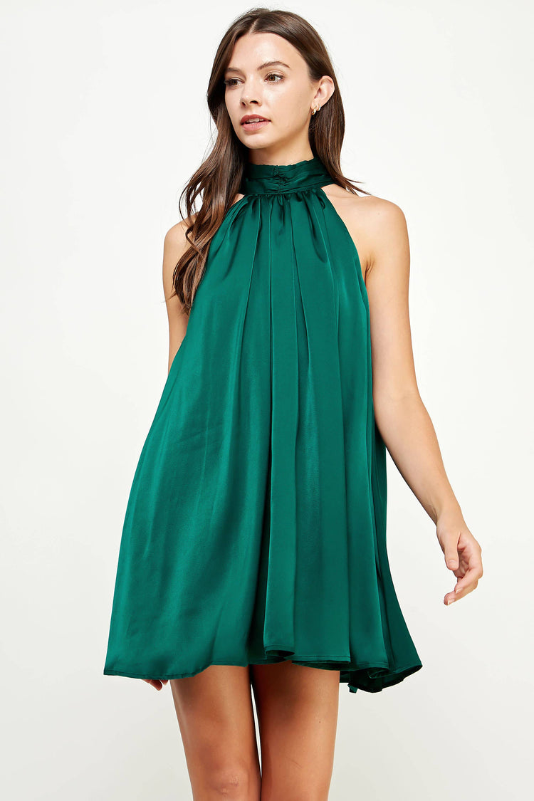 Mock Neck Halter Satin Mini Dress