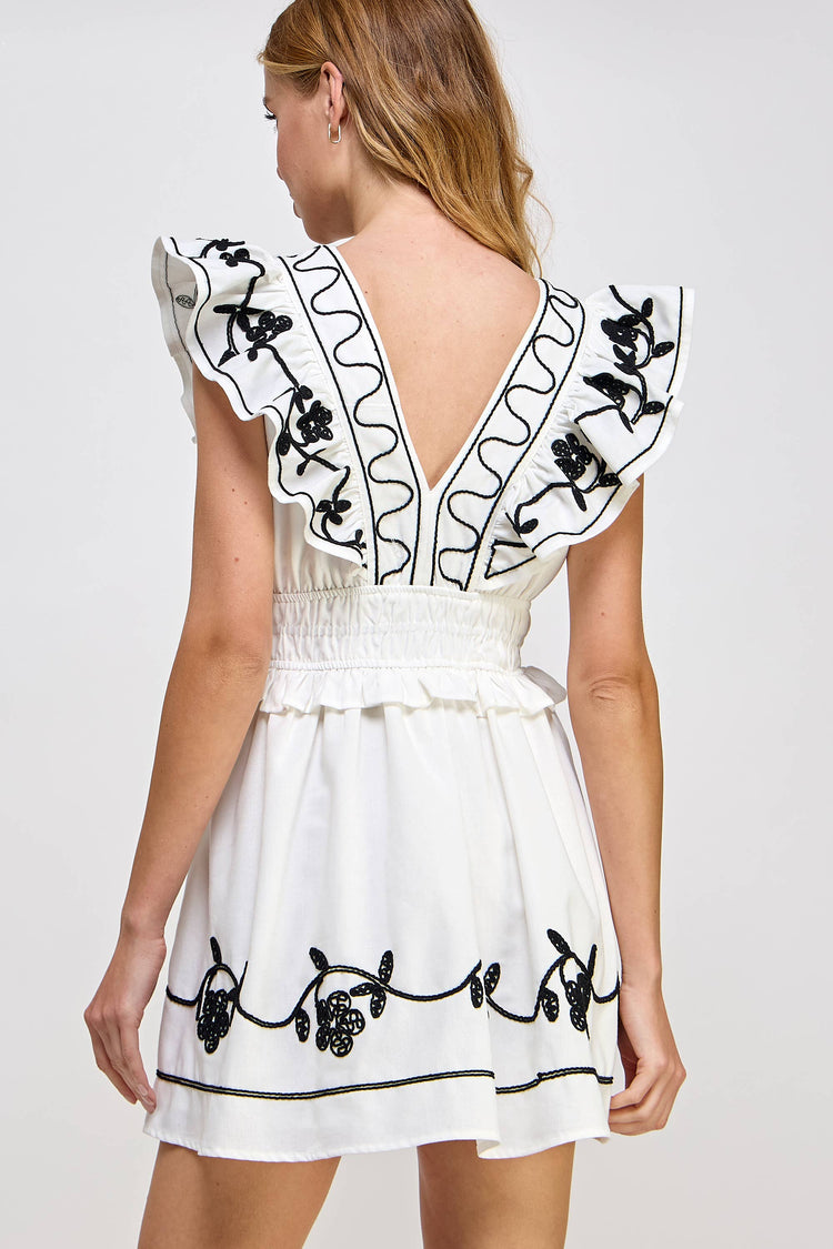 Embroidery Detail Ruffle Linen Mini Dress
