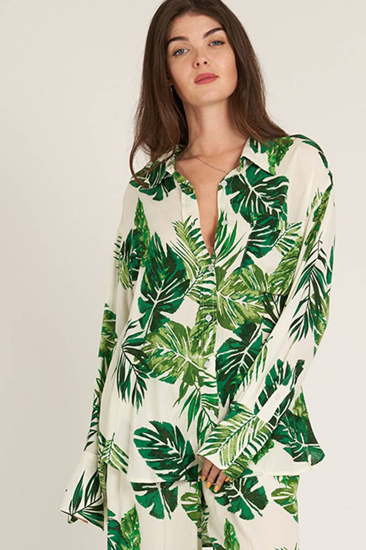 Leaf Print Long Sleeve Button Down Shirt