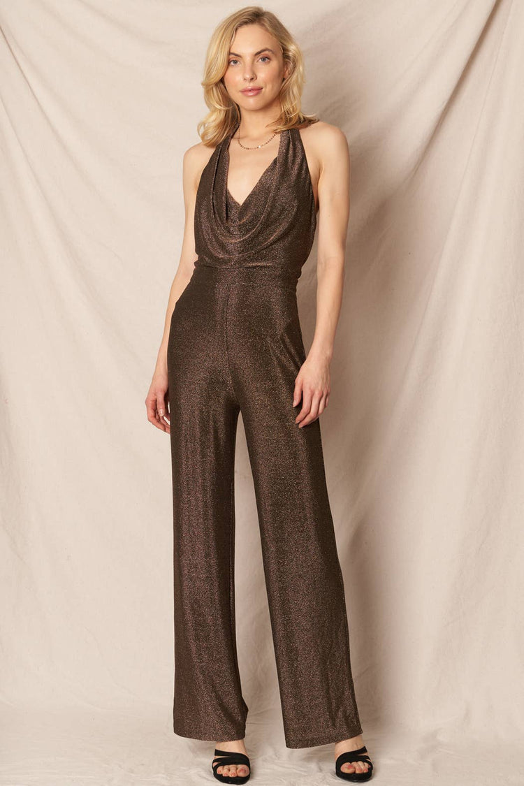 Halter Cowl Neck Glitter Metallic Jumpsuit
