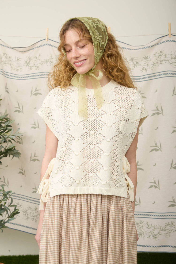CLIP DOT SHORT SLEEVE SIDE TIE CROCHET SWEATER