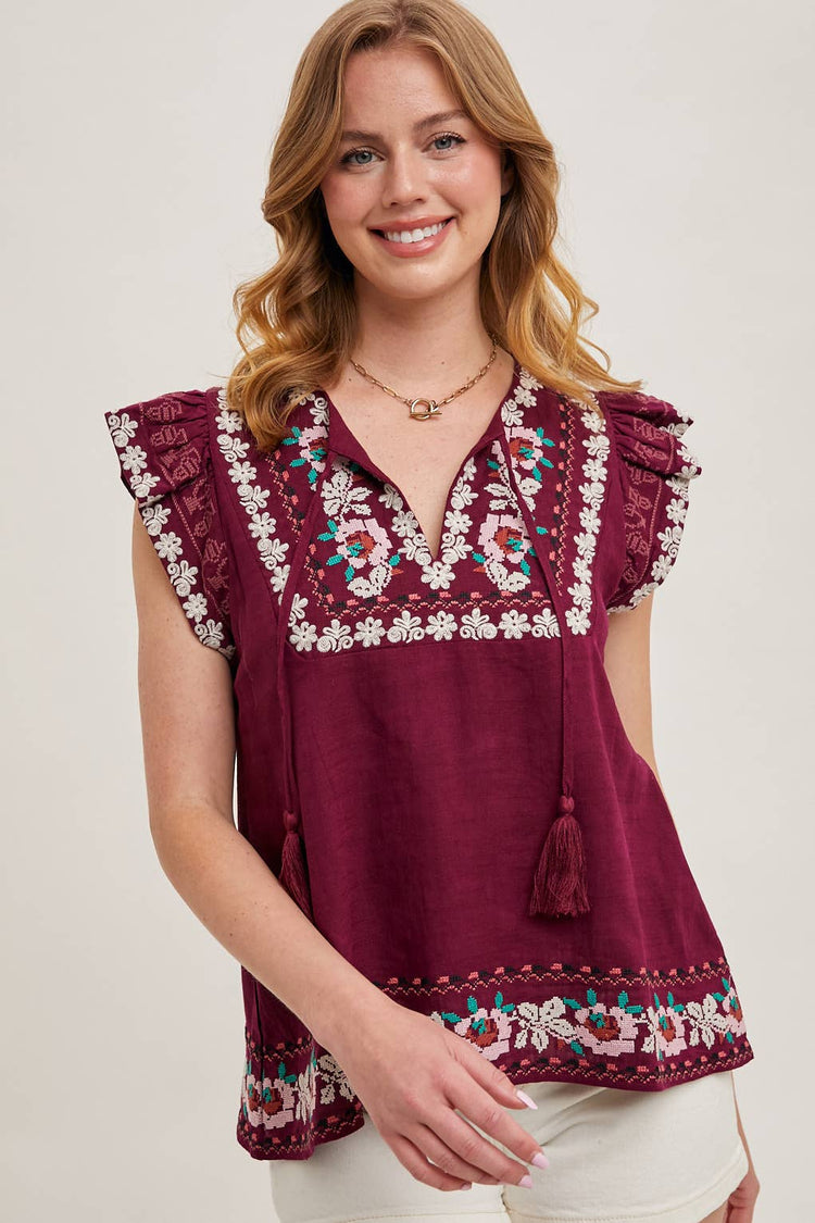 BOHO EMBROIDERED RUFFLED SLEEVE DRAWSTRING TOP