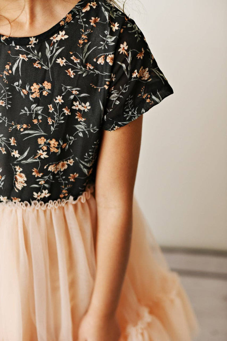 Kids Black & Peach Floral Tulle Fancy Spring Easter Dress