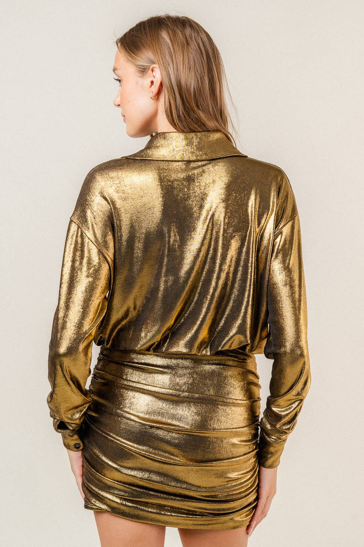 METALLIC COLLAR SHIRT STYLE RUCHED MINI DRESS