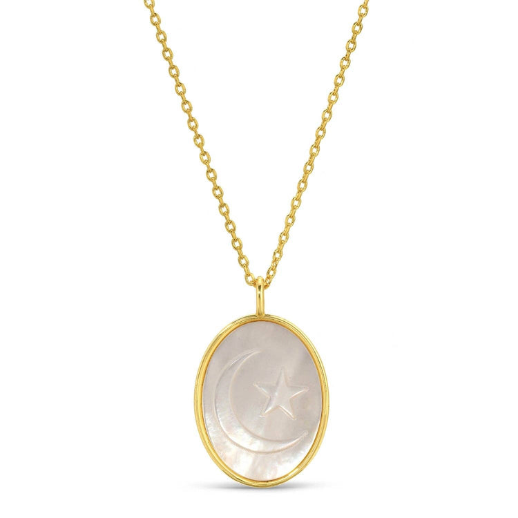 Moon And Star Etched Shell Oval Pendant Necklace