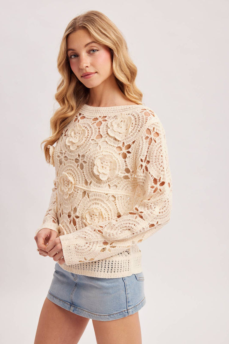 BOAT NECK OPEN-WORK FLORAL CROCHET TOP