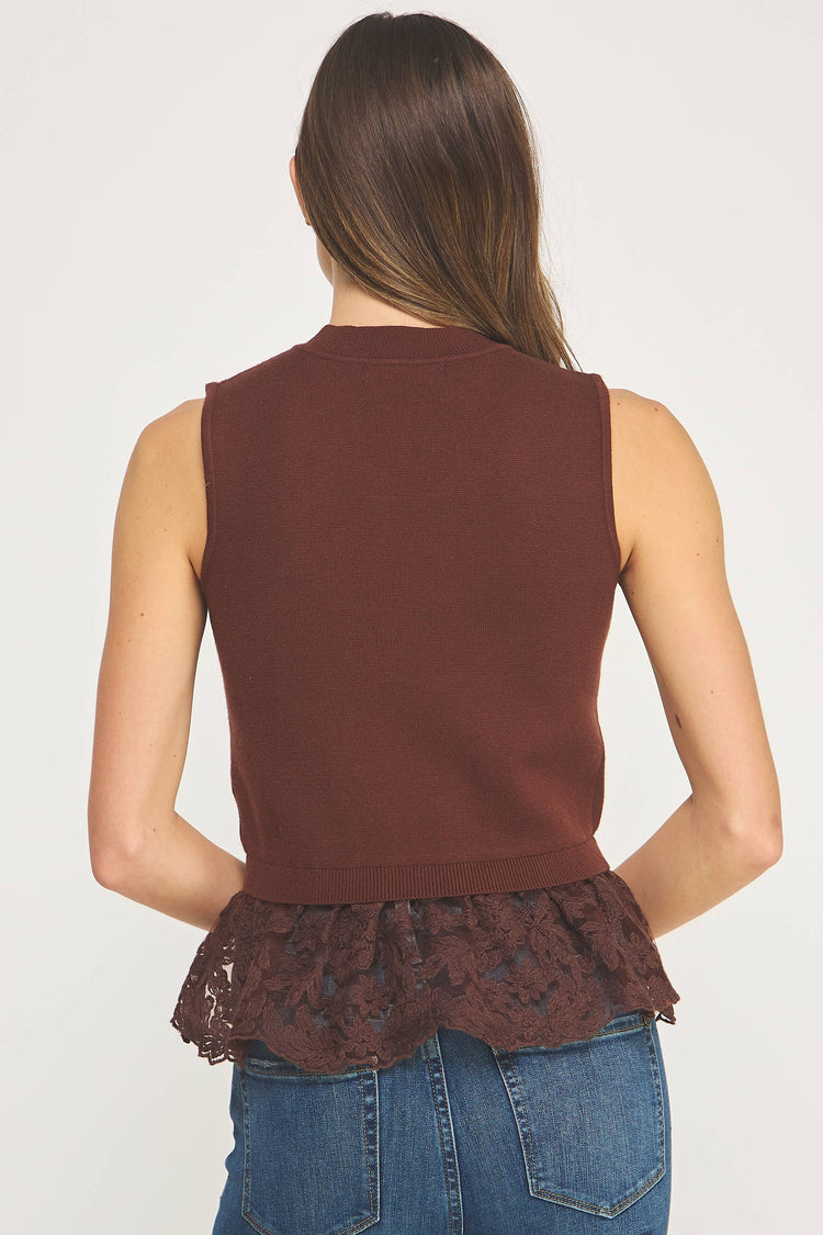 Lace Contrast Mock Neck Sleeveless Knit Top