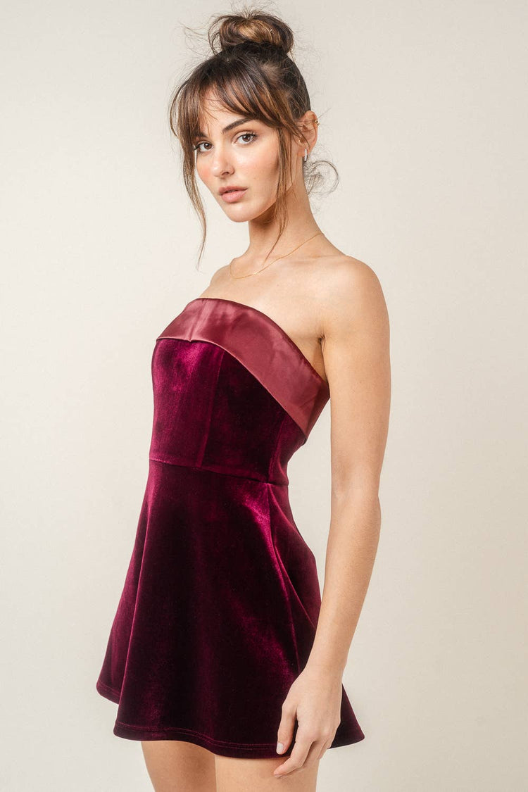SATIN VELVET OFF THE SHOULDER FIT FLARE MINI DRESS