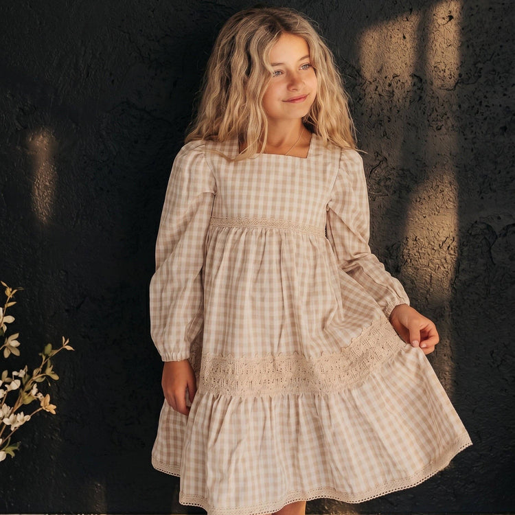 Girls Tan Gingham & Vintage Lace Puff Sleeve Tiered Dress
