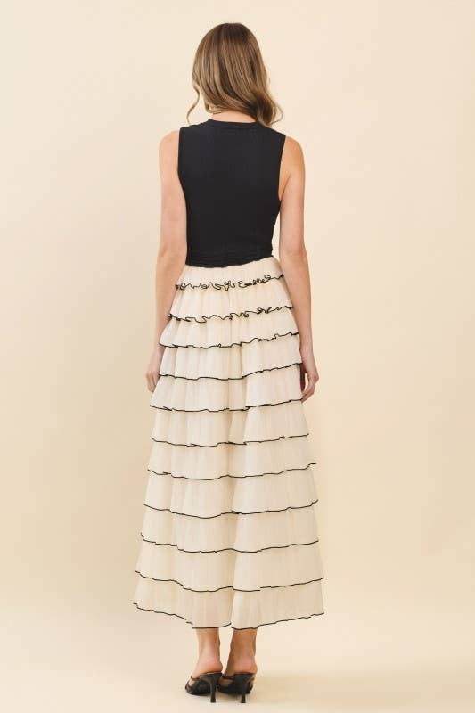 Ribbed Knit Bodice Tiered Mesh Skirt Maxi Dress