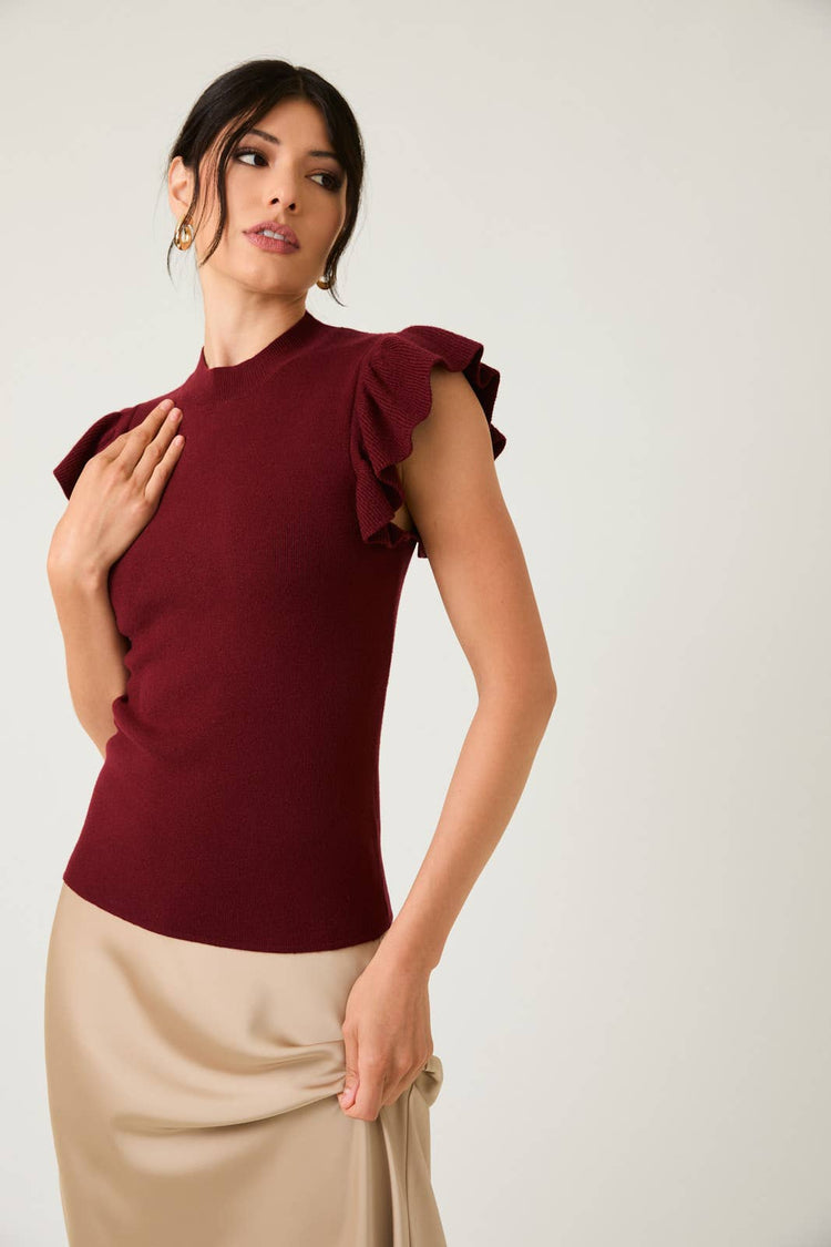 MOCK NECK RUFFLE SLEEVE KNIT TOP