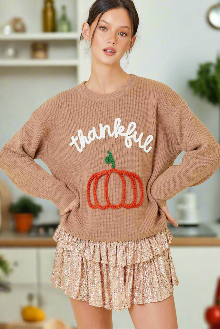 Thankful Pumpkin Embroidered Sweater