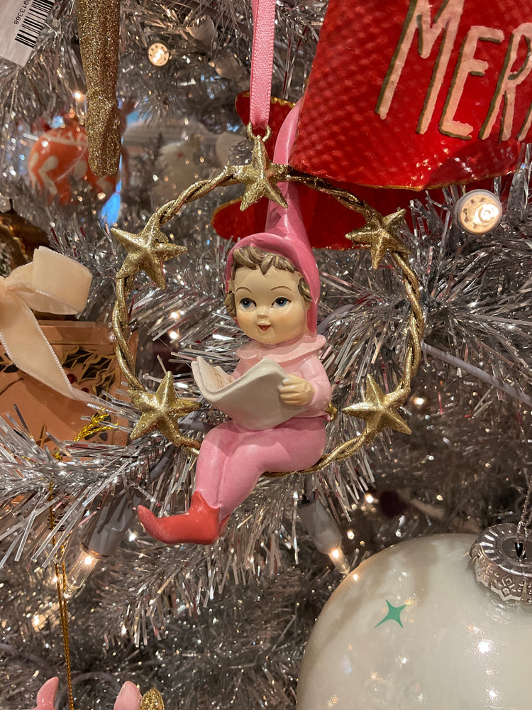 Resin Swinging Pixie Ornament with Stars and Pink Velvet
