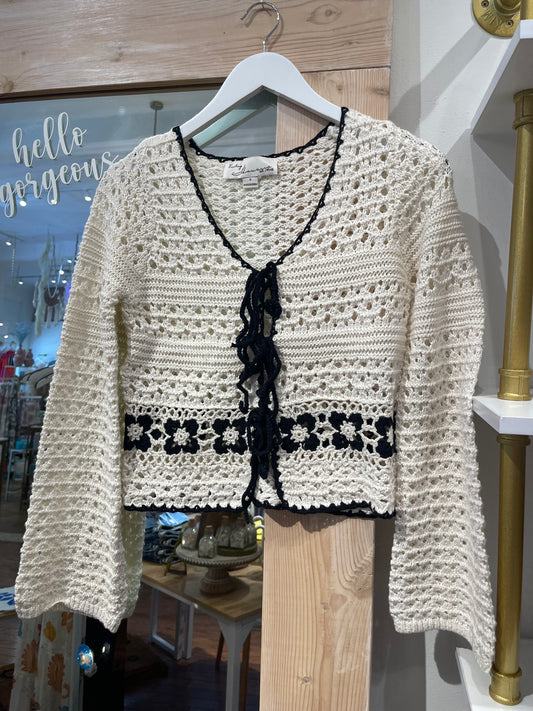 Ivory w/Black Crochet Floral Tie Front Vest