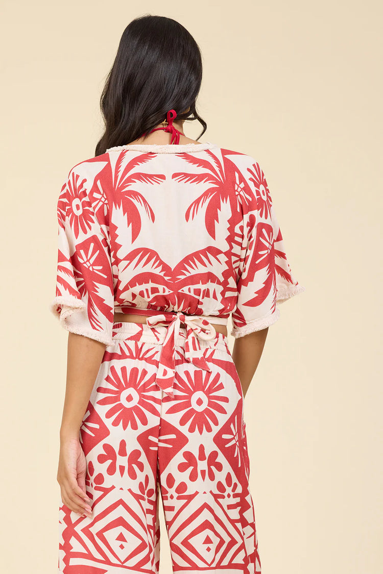Tribal Oasis Printed Tie Front Top with Fringe