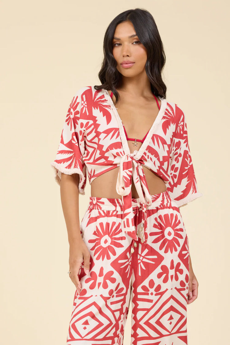 Tribal Oasis Printed Tie Front Top with Fringe