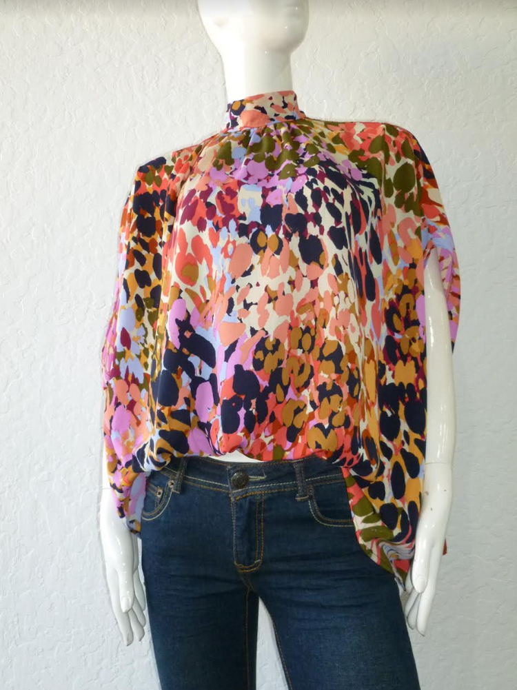 Mock Neck Multi Print Blouse