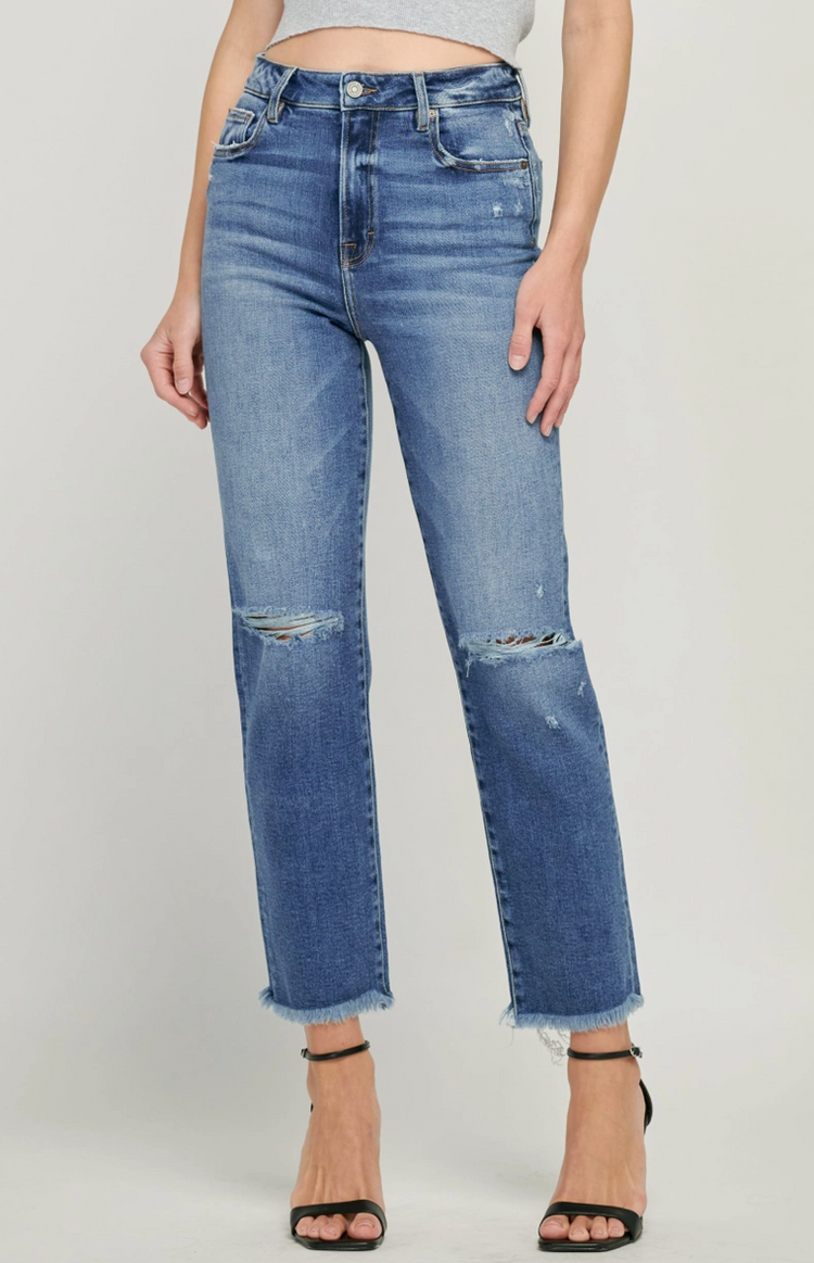 Dark Wash Frayed Hem Stretch Straight