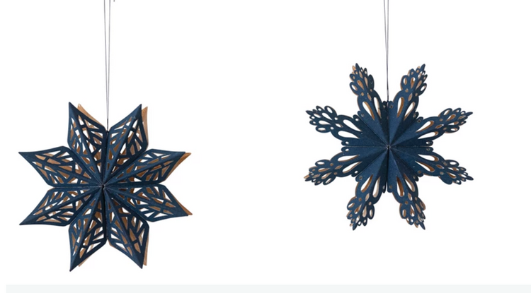 Flocked Recycled Paper Snowflake Ornament, Navy & Gold Color
