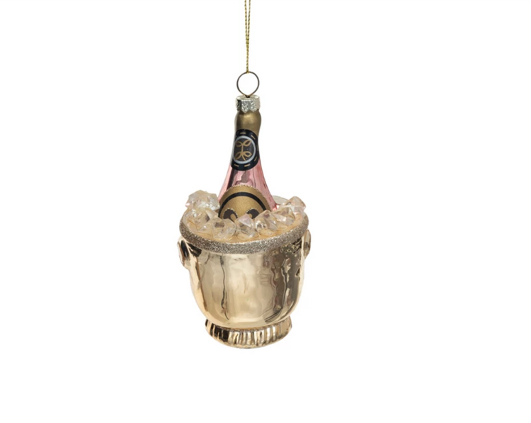 Glass Ice Bucket w/ Champagne Bottle & Glitter Ornament
